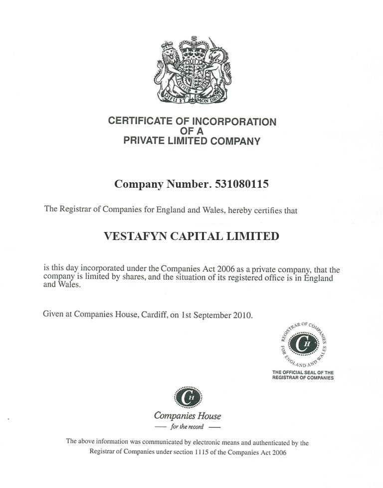 Vestafyn Capital Certificate of Incorporation